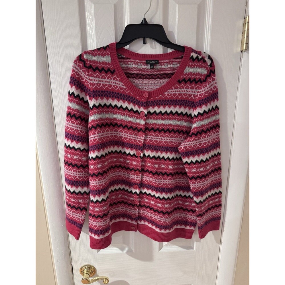Talbots Pink Fair Isle Sweater Cardigan Size 1Xp Heavyweight Nylon Wool Blend - Picture 3 of 10
